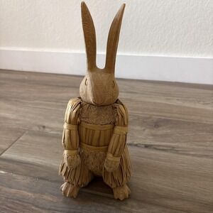 Bunny Table Decor Hand Carved Wood Head Bamboo Reeds 13in/ 5in‎